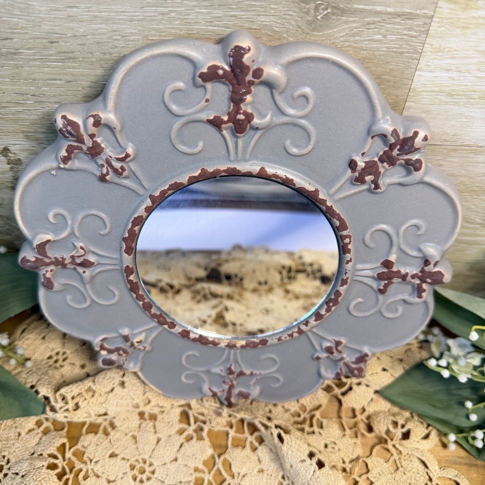 Distressed Grey Fleur-de-lis Scalloped Round Wall Mirror French Country Decor
